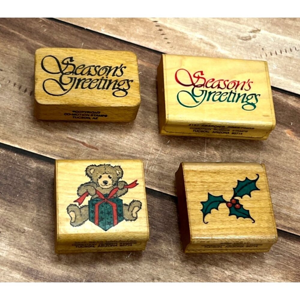 1980'S COMOTION LOT OF 4 HOLIDAY THEMED WOOD MOUNTED RUBBER STAMPS TEDDY HOLLY